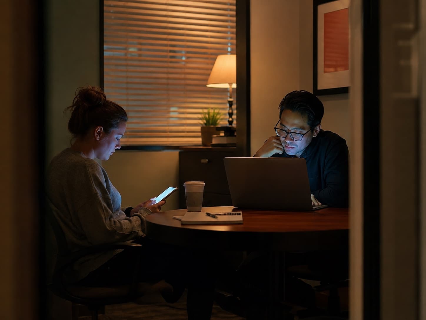 Duas pessoas em outra sala acompanhando a apresentação, uma no celular e outra no notebook